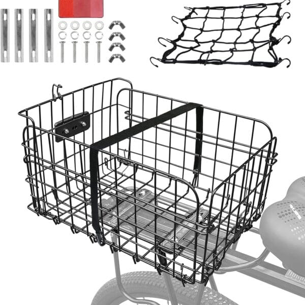 Rear Bike Basket,Bike Rack Basket,Folding Rear Bike Basket, Quickly Detachable Metal Bicycle Rack Cargo Basket with Strap & Reflective Tail Light for Most Mounted Bike Racks