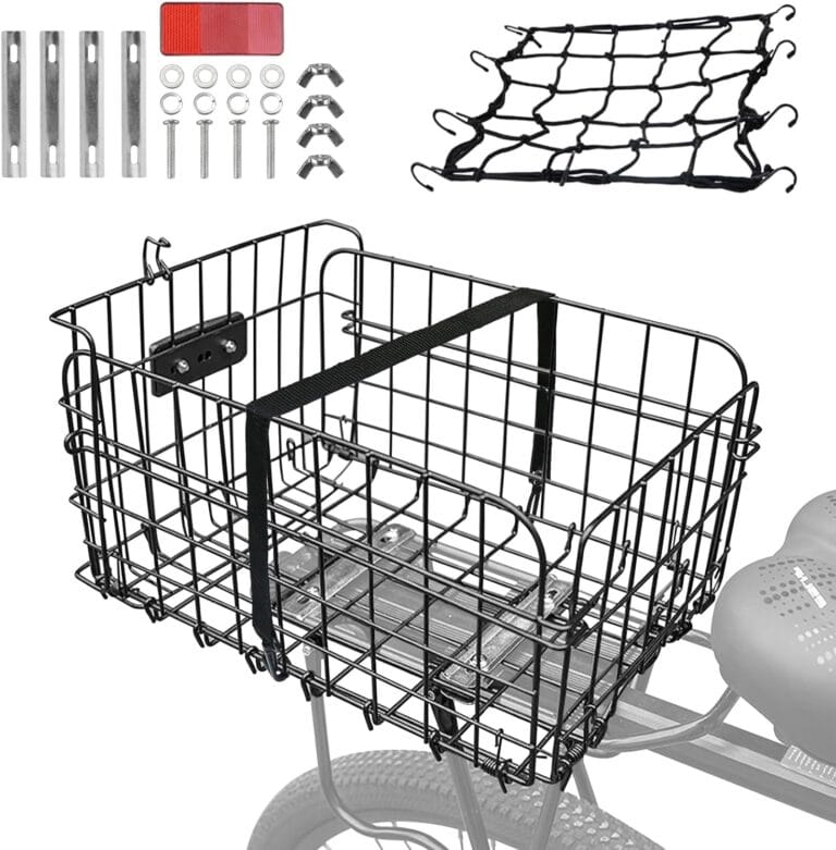 Rear Bike Basket,Bike Rack Basket,Folding Rear Bike Basket, Quickly Detachable Metal Bicycle Rack Cargo Basket with Strap & Reflective Tail Light for Most Mounted Bike Racks
