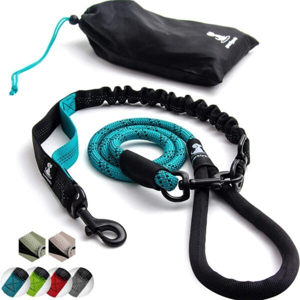 Heavy Duty Rope Bungee Leash for Large and Medium Dogs with Anti-Pull for Shock Absorption - No Slip Reflective Lead for Outside (Teal, Bungee Leash- 5.5 Ft)