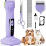 Dog Clippers for Grooming, Pet Grooming Supplies Kit, Professional Grooming Clippers for Thick Coats with 2&9mm Blade, Combs and Curved Scissor, Low Noise Cat Poodles Electric Shaver Cordless