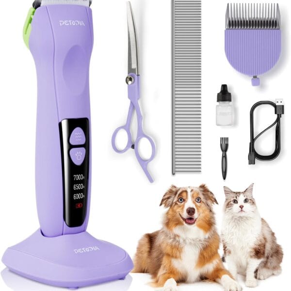 Dog Clippers for Grooming, Pet Grooming Supplies Kit, Professional Grooming Clippers for Thick Coats with 2&9mm Blade, Combs and Curved Scissor, Low Noise Cat Poodles Electric Shaver Cordless