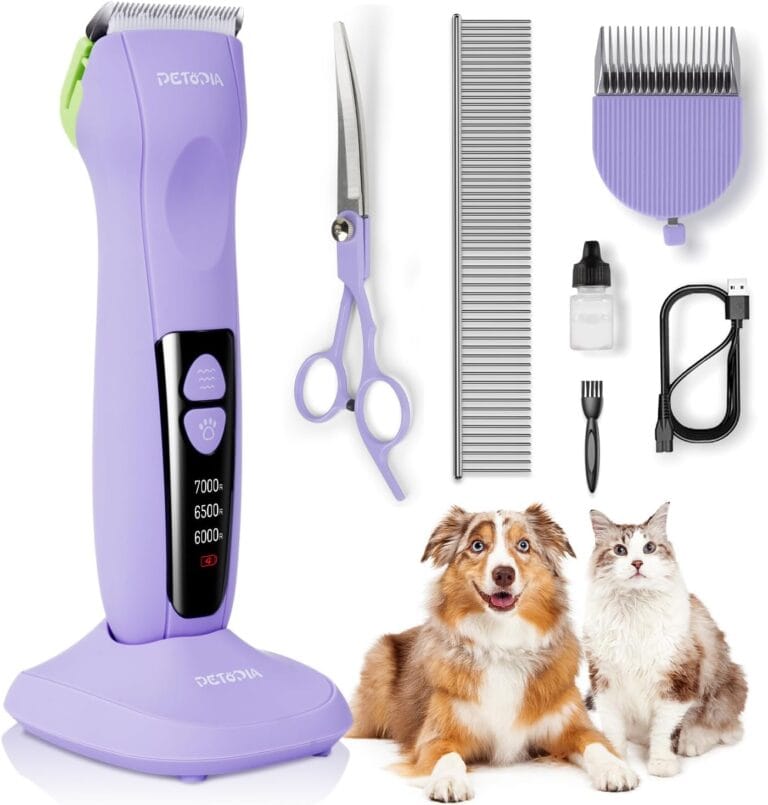 Dog Clippers for Grooming, Pet Grooming Supplies Kit, Professional Grooming Clippers for Thick Coats with 2&9mm Blade, Combs and Curved Scissor, Low Noise Cat Poodles Electric Shaver Cordless