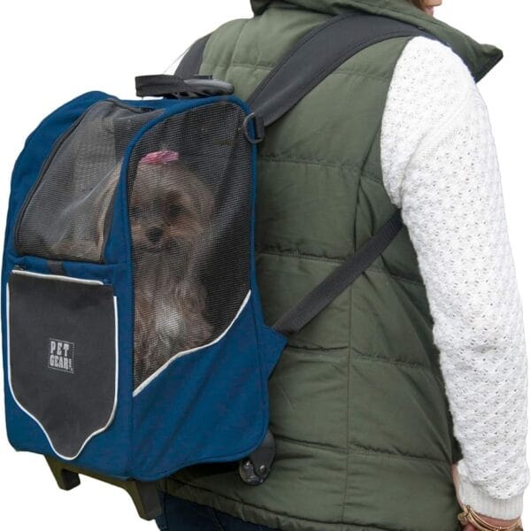 Pet Gear I-GO2 Roller Backpack, Travel Carrier, Car Seat for Cats/Dogs, Mesh Ventilation, Included Tether, Telescoping Handle, Storage Pouch, Regular Sport, Misty Blue