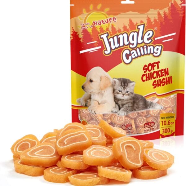 Jungle Calling Soft Chicken & Codfish Cat & Dog Treats, High Protein Pet Snacks for Small & Medium Dogs & Cats, Chewy Chicken Sushi Dog Training Treats, 10.6 oz