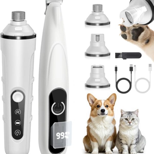2 in 1 Dog Nail Grinder Quiet and Dog Paw Trimmer, Powerful Painless Electric Dog Nail Trimmers for Large Medium Small Dogs, Rechargeable Cordless Dog Hair Clippers for Paws, Ears, Eyes, Rump