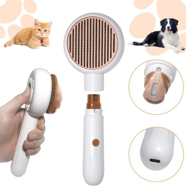 2 in 1 Pet Brush and Nail Grinder, Rechargeable Self-Cleaning Slicker Cat Brush for Shedding and Grooming, Pet Paws Nail Trimmers for Small & Medium Dogs