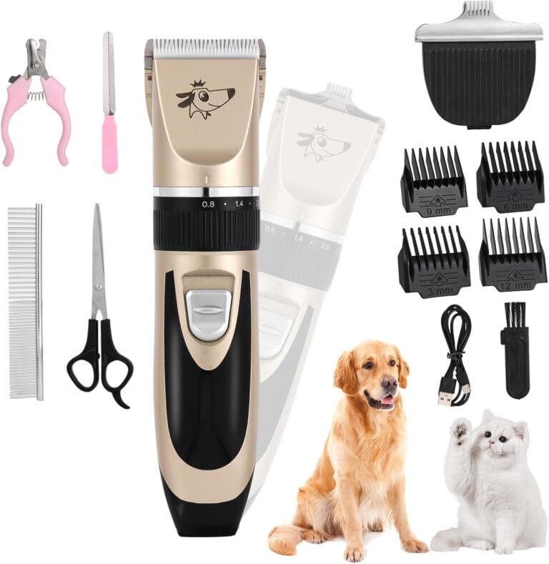 Aovdy Dog Clippers Grooming Kit Dog Shaver Clippers Hair and Paw Electric Cleaning Hair Clippers Set for Dogs Cats Rabbit (Gold, Scissor Set+Foot Shaving Blade)