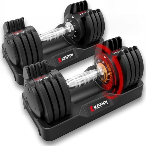 Keppi Adjustable Dumbbells Set-25lb/40lb/55lb/60lb, Anti-Slip Metal Fast Adjust Weight Handle, Exercise & Fitness for Full Body Workout - Adjustable Dumbbell Series