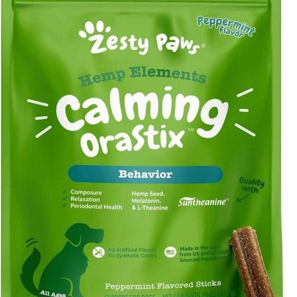 Zesty Paws OraStix for Dogs - Calming Dental Sticks for Stress with Hemp Melatonin Chamomile Dog Healthy Teeth and Gums Calm Composure for Fireworks and Thunderstorms - 25oz