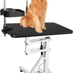 31" Dog Grooming Table, Pneumatic Lift Adjustable Small Pet Trimming Station for Home with Anti-Skid Rubber and Rotatable Desktop Up to 50lbs