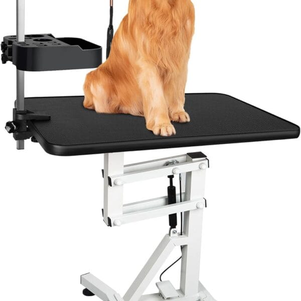 31" Dog Grooming Table, Pneumatic Lift Adjustable Small Pet Trimming Station for Home with Anti-Skid Rubber and Rotatable Desktop Up to 50lbs