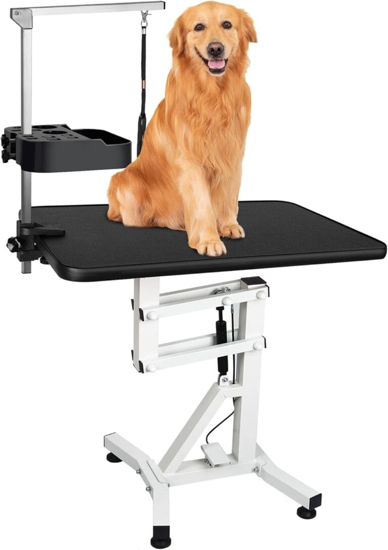 31" Dog Grooming Table, Pneumatic Lift Adjustable Small Pet Trimming Station for Home with Anti-Skid Rubber and Rotatable Desktop Up to 50lbs
