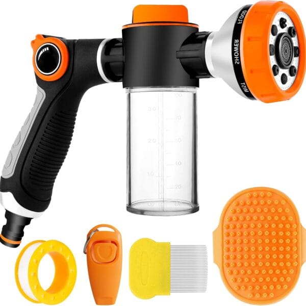 Dog Washing Hose Attachment,8 Sprayer Hose Attachment with Soap Dispenser,Dog Training Clicker and Dog Comb,3/4in Garden Hose Nozzle for Watering Plants,Car Washing,Showering Pet