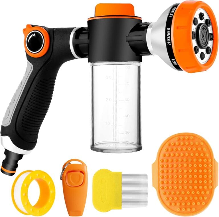 Dog Washing Hose Attachment,8 Sprayer Hose Attachment with Soap Dispenser,Dog Training Clicker and Dog Comb,3/4in Garden Hose Nozzle for Watering Plants,Car Washing,Showering Pet