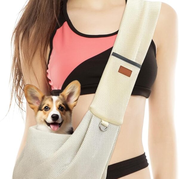 Pet Dog Sling Carrier with Large Pocket and Adjustable Safety Hook, Breathable Mesh Safe Bag for Cats, Suitable for Pets Under 12 lbs - Anti-Falling Design for Traveling, and Outdoor(Off White)
