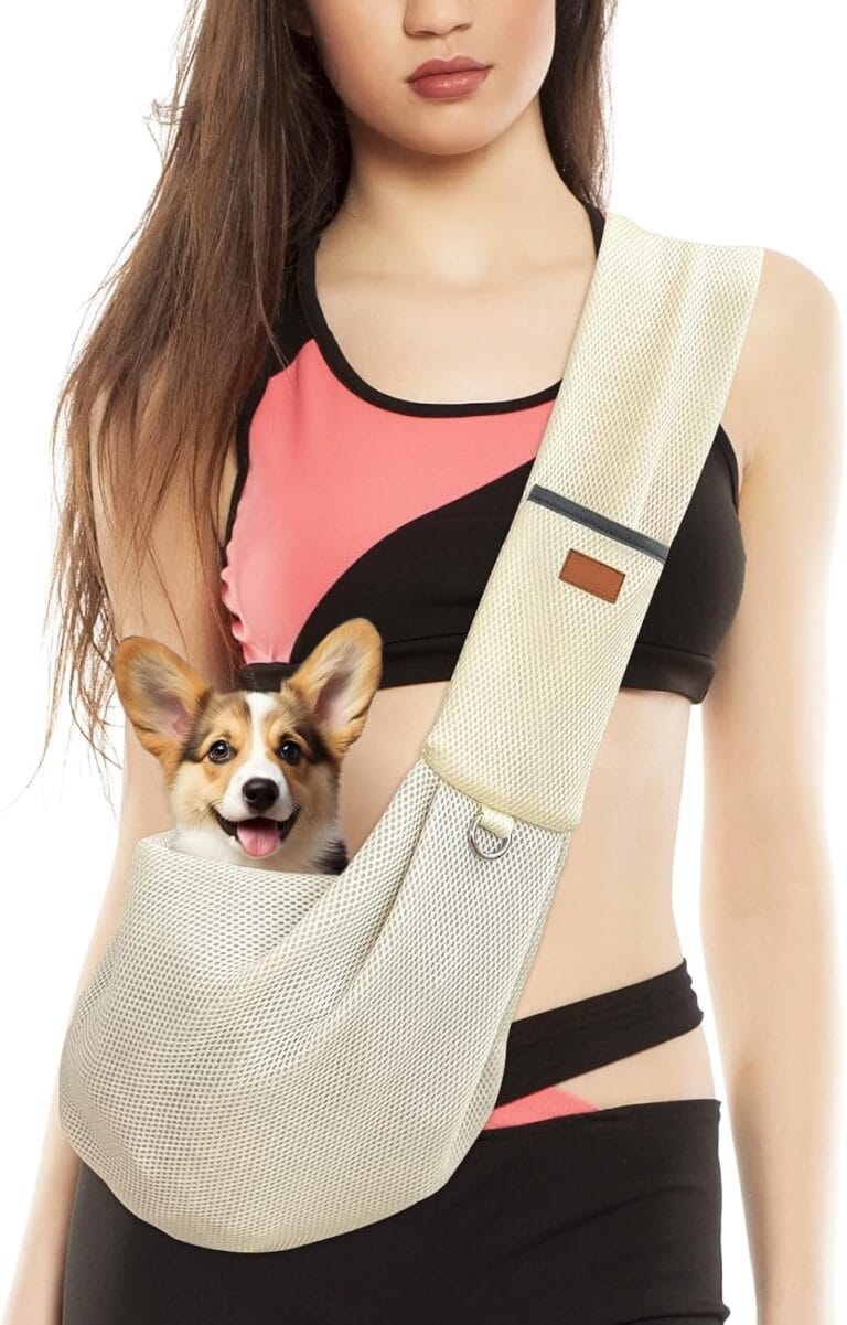 Pet Dog Sling Carrier with Large Pocket and Adjustable Safety Hook, Breathable Mesh Safe Bag for Cats, Suitable for Pets Under 12 lbs - Anti-Falling Design for Traveling, and Outdoor(Off White)