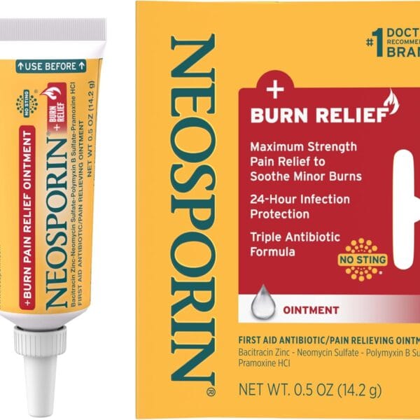 Neosporin Dual Action Burn Relief & First-Aid Antibiotic Ointment for 24-Hour Infection Protection & Maximum Strength Burn Pain Relief, Made with Bacitracin Zinc, Neomycin, & Pramoxine HCl,.5 oz