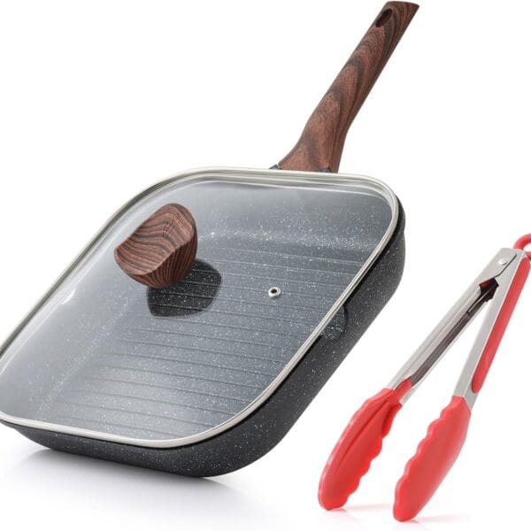 Kordisen Nonstick Grilling Pan with Lid for Stove Tops, 11 Inch Square Grill Pan for Indoor Cooking, Granite Coating Grill Skillet with Pour Spouts, Versatile Griddle, Induction Steak Pan, PFOA Free