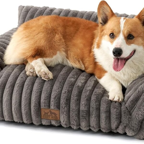 Cute Cat Couch, Premium Plush Faux Fur Pet Couch Bed, Ultra-Soft Pet Furniture for Cats & Small Dogs (Grey, M: 31.5''x23.5'')