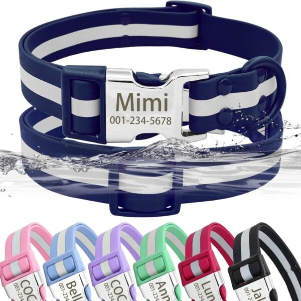 Personalized Waterproof & Reflective Dog Collar with Name Plate,Custom Easy Clean PVC Dog Collar with Buckle Engraved ID Name and Number (L(Width:1.0'', Fit 14.5''-23.0''),Navy Blue)