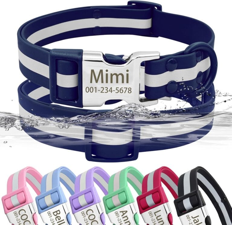 Personalized Waterproof & Reflective Dog Collar with Name Plate,Custom Easy Clean PVC Dog Collar with Buckle Engraved ID Name and Number (L(Width:1.0'', Fit 14.5''-23.0''),Navy Blue)