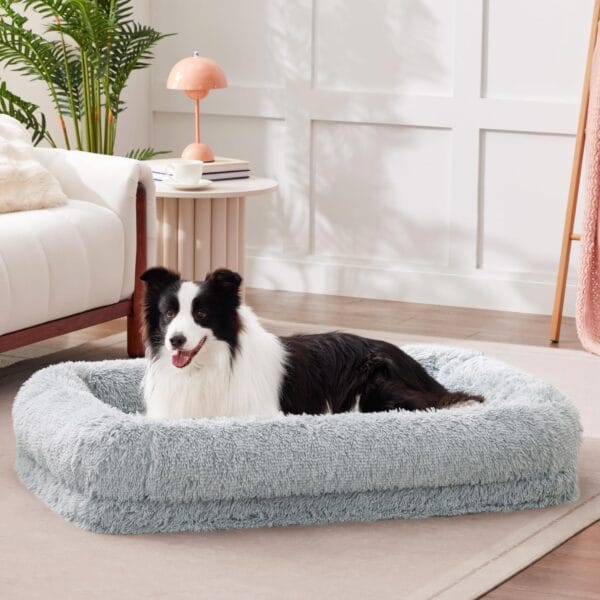 Calming Dog Beds for Large Sized Dogs - Orthopedic Fluffy Pet Bed, Donut Waterproof Pet Sofa with Washable Removable Cover, Supportive Egg Foam and Nonskid Bottom, Grey