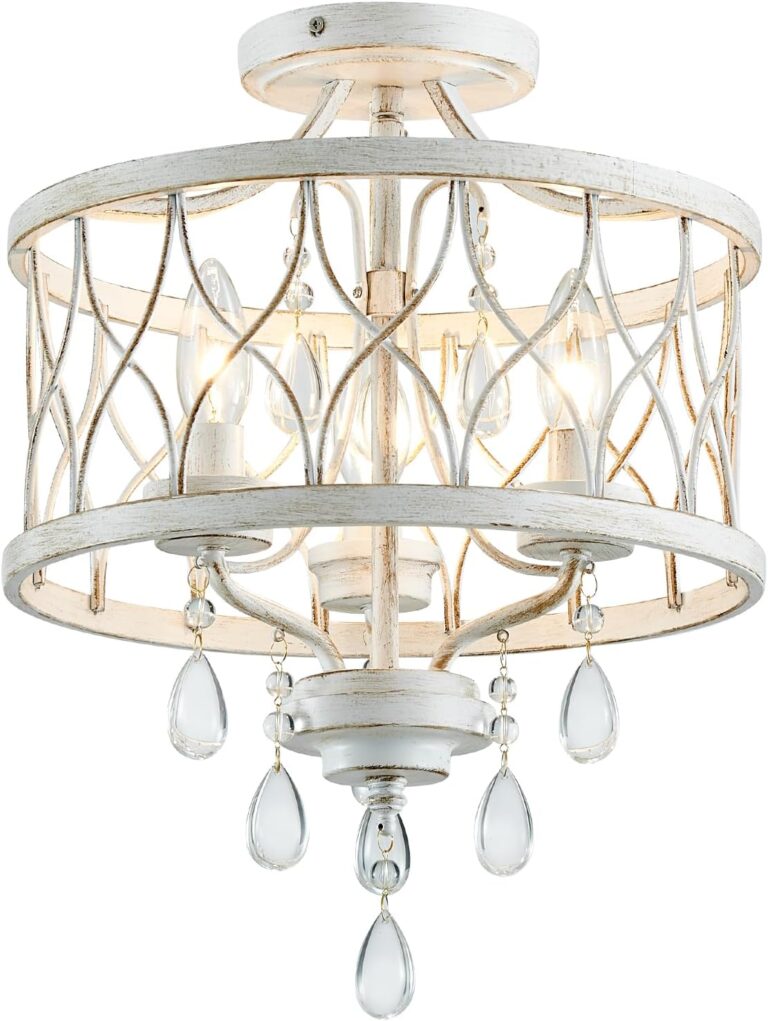 Farmhouse Crystal Ceiling Light Fixture, 3-Light Semi Flush Mount Crystal Chandelier Light Fixture Rustic Vintage White Pendant Ceiling Lamp for Hallway Corridor Kitchen Entryway Bedroom Living Room