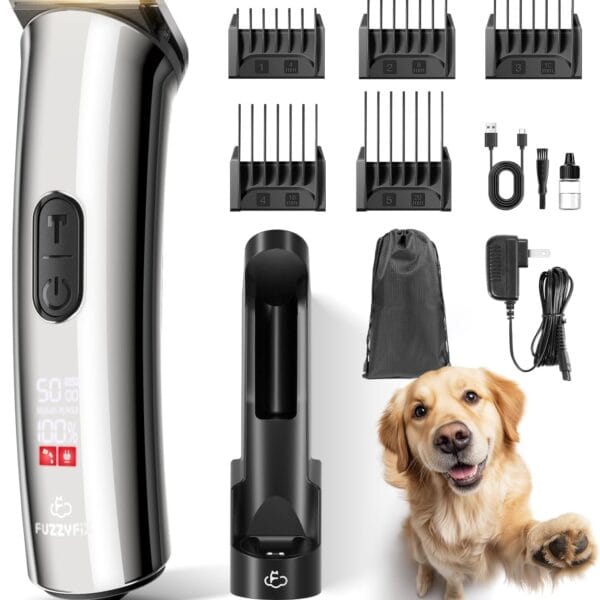 Professional Dog Grooming Clippers with Charging Dock, 5-in-1 Adjustable Blade Cordless Pet Grooming Kit 5 Speed Rechargeable Trimmer Hair Shaver with Detachable Guide Combs for Animal Horse