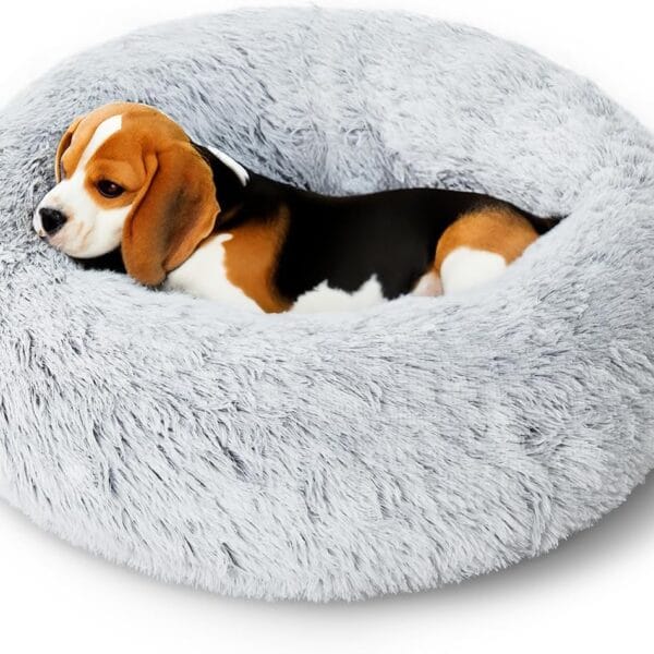 Calming Dog Bed for Small Dogs, 23 inches Puppy Bed Washable, Anti-Anxiety Donut Fluffy Dog Bed Indoor, Comfort Plush Faux Fur (Light Grey, 23")