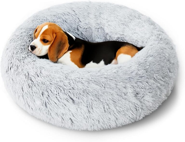 Calming Dog Bed for Small Dogs, 23 inches Puppy Bed Washable, Anti-Anxiety Donut Fluffy Dog Bed Indoor, Comfort Plush Faux Fur (Light Grey, 23")