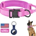 DAGANXI Tactical Dog Collar, Adjustable Military Training Nylon Dog Collar with Control Handle and Heavy Metal Buckle for Medium and Large Dogs, with Patches and Airtags Case (S, Pink)