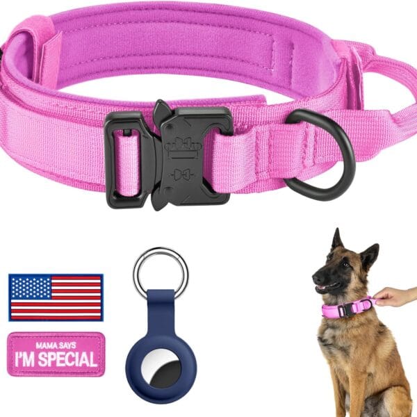 DAGANXI Tactical Dog Collar, Adjustable Military Training Nylon Dog Collar with Control Handle and Heavy Metal Buckle for Medium and Large Dogs, with Patches and Airtags Case (S, Pink)