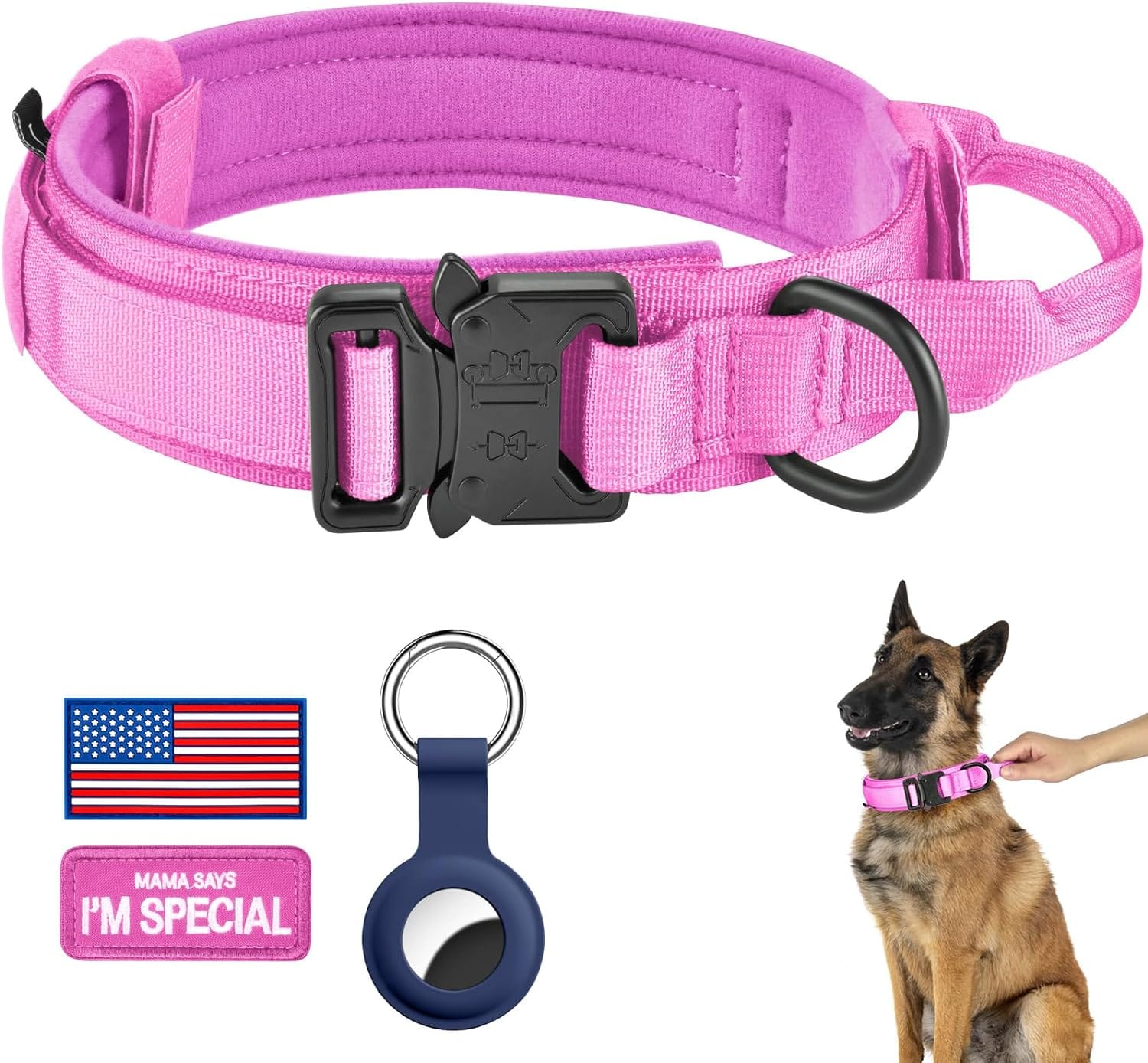DAGANXI Tactical Dog Collar, Adjustable Military Training Nylon Dog Collar with Control Handle and Heavy Metal Buckle for Medium and Large Dogs, with Patches and Airtags Case (S, Pink) DAGANXI Tactical Dog Collar, Adjustable Military Training Nylon Dog Collar with Control Handle and Heavy Metal Buckle for Medium and Large Dogs, with Patches and Airtags Case (S, Pink)