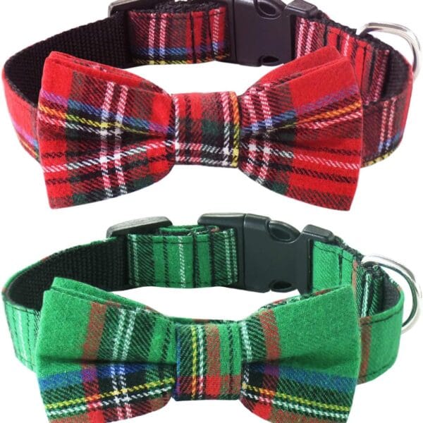 Malier Dog Collar with Bow tie Christmas Classic Plaid Dog Collar with Light Adjustable Buckle Suitable for Small Medium Large Dogs Cats Pets (Large)