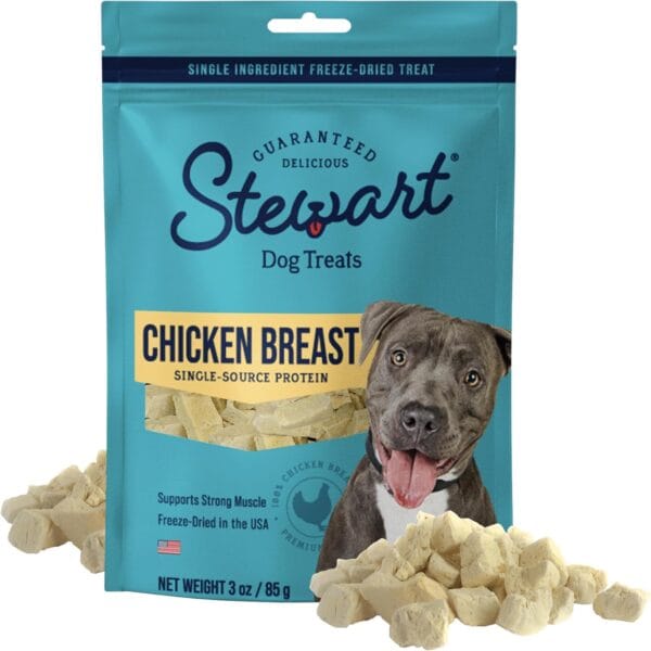 Stewart Chicken Breast Dog Treats, 3 oz, ~55 Pieces, Freeze Dried Raw, Single Ingredient, 74% Protein Training Treats or Meal Topper in a Resealable Pouch, Grain Free, Gluten Free