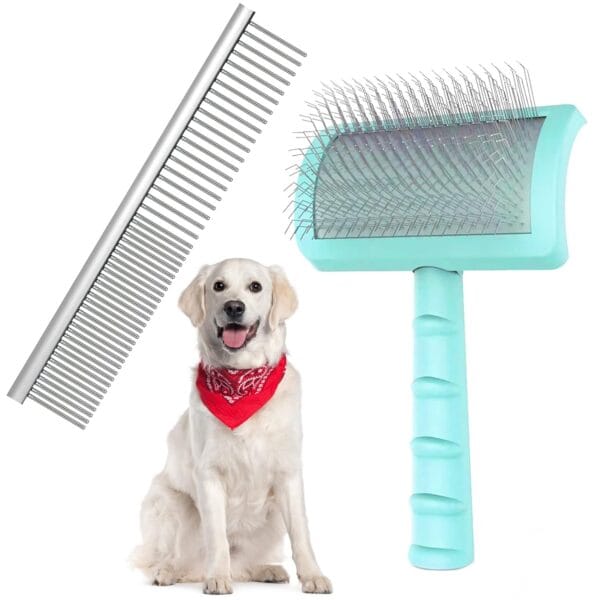 Large Slicker Brush & Green-comb Value Kit, Extra Long Pin Dog Grooming Brush for Curly Hair Goldendoodles, Removes Long and Loose Hair & Undercoat