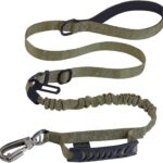 Hotsky Tactical Dog Leash Heavy Duty for Medium Large Dogs That Pull,4-6Ft Strong Bungee Shock Absorbing No Pull Dog Leash with Padded Double Handle and Car Seatbelt,ArmyGreen
