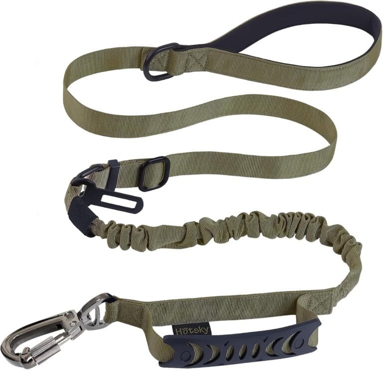 Hotsky Tactical Dog Leash Heavy Duty for Medium Large Dogs That Pull,4-6Ft Strong Bungee Shock Absorbing No Pull Dog Leash with Padded Double Handle and Car Seatbelt,ArmyGreen