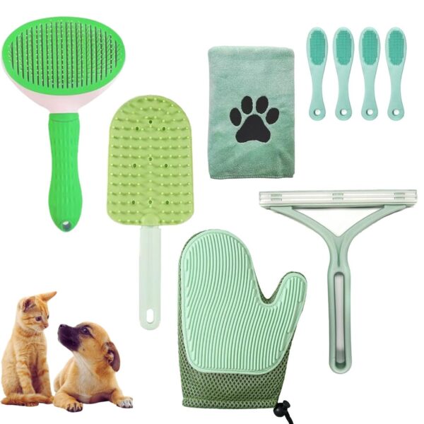 Dog Grooming Kit 9pcs Dog Brush for Shedding- Self-Cleaning Slicker Brush,Grooming Glove,Cat Comb,Pet Toothbrush,Towel & Travel Bag Ideal for Long & Short Hair Pets