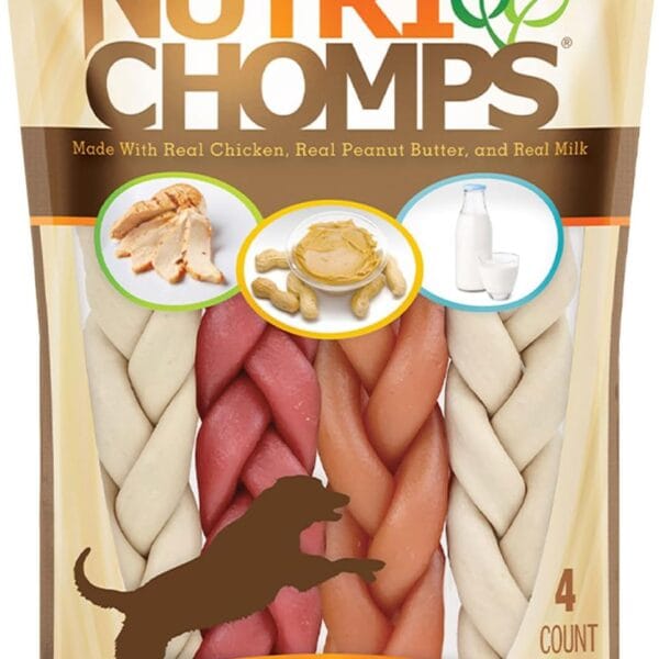 NutriChomps Dog Chews, 6-inch Braids, Easy to Digest, Rawhide-Free Dog Treats, Healthy, Real Chicken, Peanut Butter and Milk flavors, Pack of 4