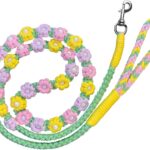 Handmade Floral Cotton Dog Leash - 59 Inch, Lightweight for Small Dogs, Gift for Pet Lovers (Purple/Pink/Green/Yellow) (Verdant BraidHalo)