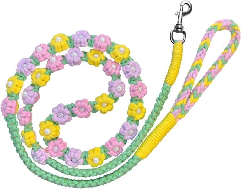 Handmade Floral Cotton Dog Leash - 59 Inch, Lightweight for Small Dogs, Gift for Pet Lovers (Purple/Pink/Green/Yellow) (Verdant BraidHalo)