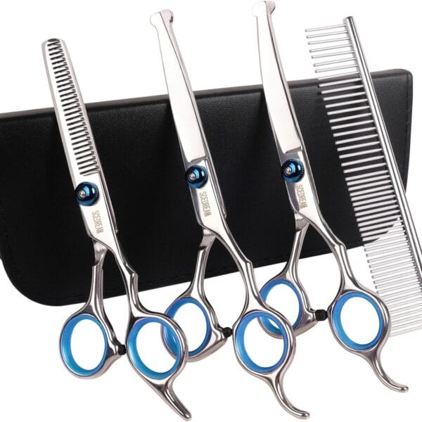 Professional Dog Grooming Scissors with Safety Round Tips, 5 in 1 Dog Grooming Scissors Kit, 4CR Stainless Steel Professional Pet Grooming Shears for Dog, Sharp and Durable, Blue