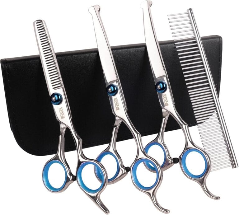 Professional Dog Grooming Scissors with Safety Round Tips, 5 in 1 Dog Grooming Scissors Kit, 4CR Stainless Steel Professional Pet Grooming Shears for Dog, Sharp and Durable, Blue