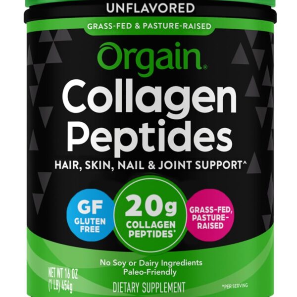 Orgain Hydrolyzed Collagen Peptides Powder For Women & Men, 20g Grass Fed Collagen, Unflavored - Hair, Skin, Nail, & Joint Support Supplement, Paleo & Keto, Non-GMO, Type I and III, 1lb