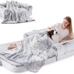 Human Dog Bed for Adult, 2 in 1 Foldable Giant Dog Bed for People Fits Pet Families, Egg Foam Supportive Mat, Waterproof Liner, Faux Fur Human Size Pet Bed with Blanket, 71"x43"x10", Grey