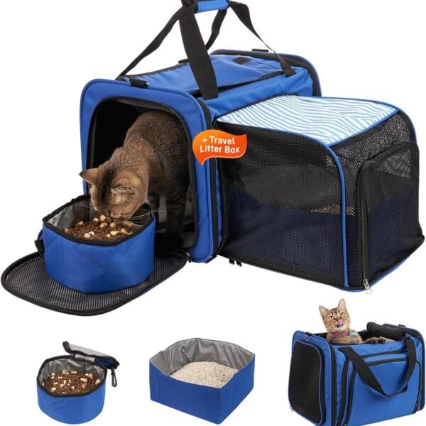 Cat Carrier with Litter Box, Expandable Cat Travel Carrier for Car with Bowl, Collapsible Pet Carrier for Car Travel with Lockable Zippers, Soft Sided Pet Carrier for Cats/Puppies up to 20 lbs, Blue
