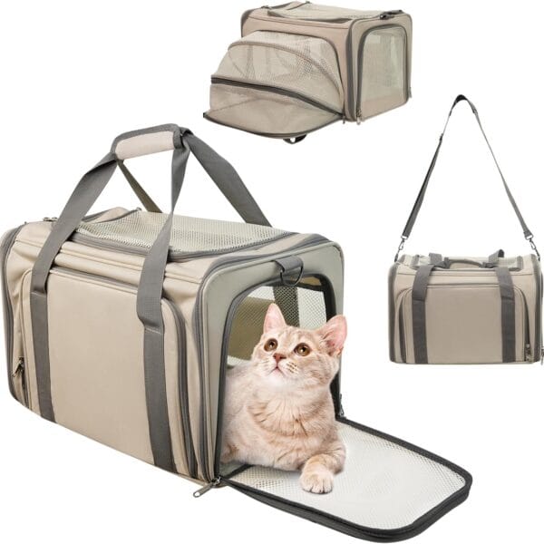 Cat Carrier Soft for Pets Up to 15 Lbs, TSA Airline Approved Pet Carriers, Expandable Dog Carrier for Travel, Soft Sided Collapsible Pet Travel Carrier for Cats and Small Dogs, Grey