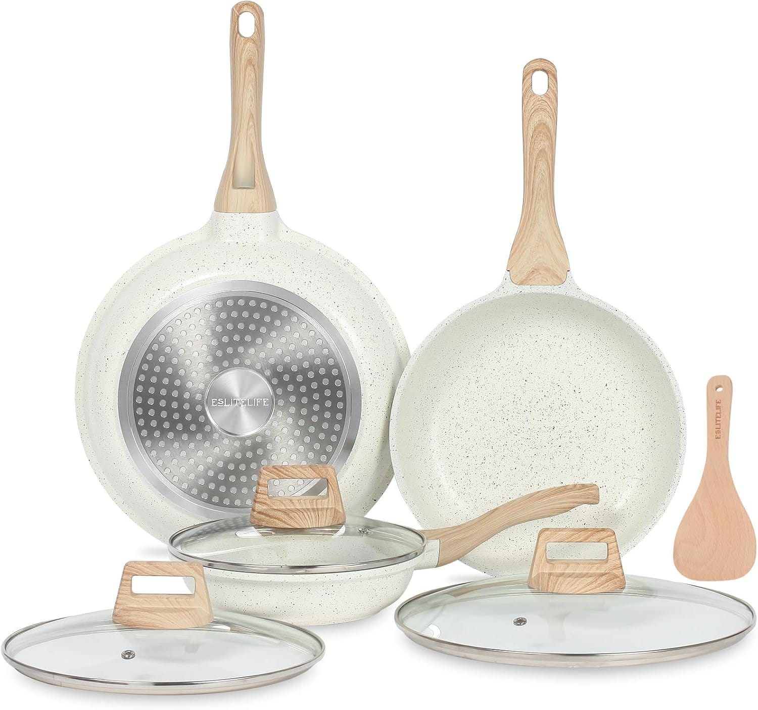 ESLITE LIFE Nonstick Ceramic Frying Pans Skillets Set with Lids, Non-Toxic Egg Omelette Kitchen Cooking Pans Compatible with All Stovetops (Gas, Electric & Induction), PTFE & PFOA Free (White) ESLITE LIFE Nonstick Ceramic Frying Pans Skillets Set with Lids, Non-Toxic Egg Omelette Kitchen Cooking Pans Compatible with All Stovetops (Gas, Electric & Induction), PTFE & PFOA Free (White)