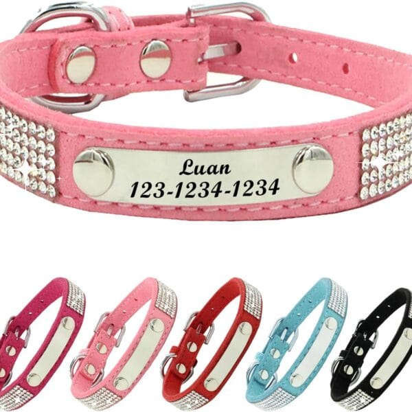 Personalized Dog Collar with Rhinestone Name Tag - Glitter Polyester Collar Adjustable [PinkM]
